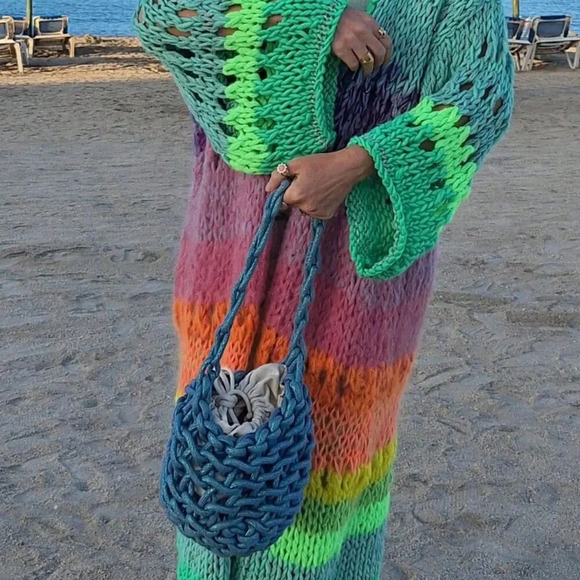 Multicolor Boho Women's Handknitted Bell Sleeve Crochet Kimono Cardigan - Picture 5 of 5